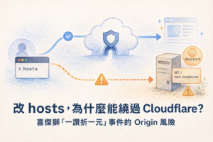 hosts 將相同 hostname 指向 Origin IP，流量繞過 Cloudflare 直達伺服器的示意圖