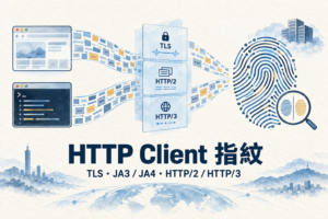 瀏覽器與程式 Client 的封包穿過 TLS、HTTP/2 與 HTTP/3 觀測卡片，匯成抽象指紋並以放大鏡比較特徵